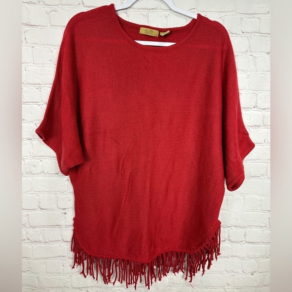 Valerie‎ Stevens oversized Sweater batwing sleeves fringe accent red, sz S, GUC